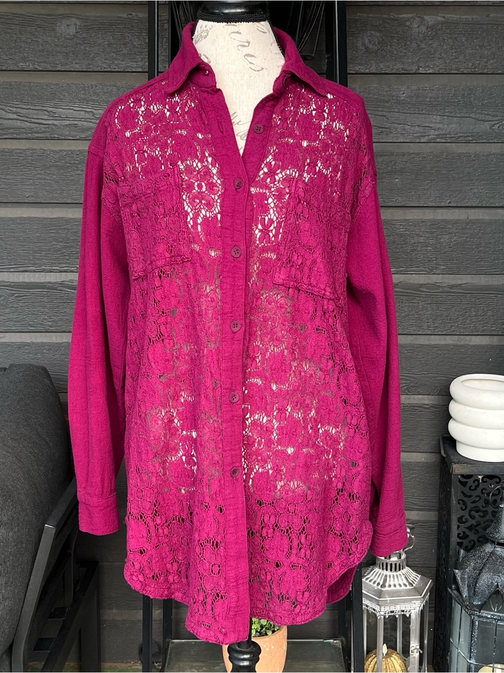 CMC Color Me Cotton Size S Lace Tunic Top Raspberry Long Sleeve
